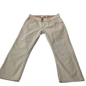 Levis 542 Low Rise Flare Jeans Tan Khaki Paisley Waistband Size 8 Stretch Denim